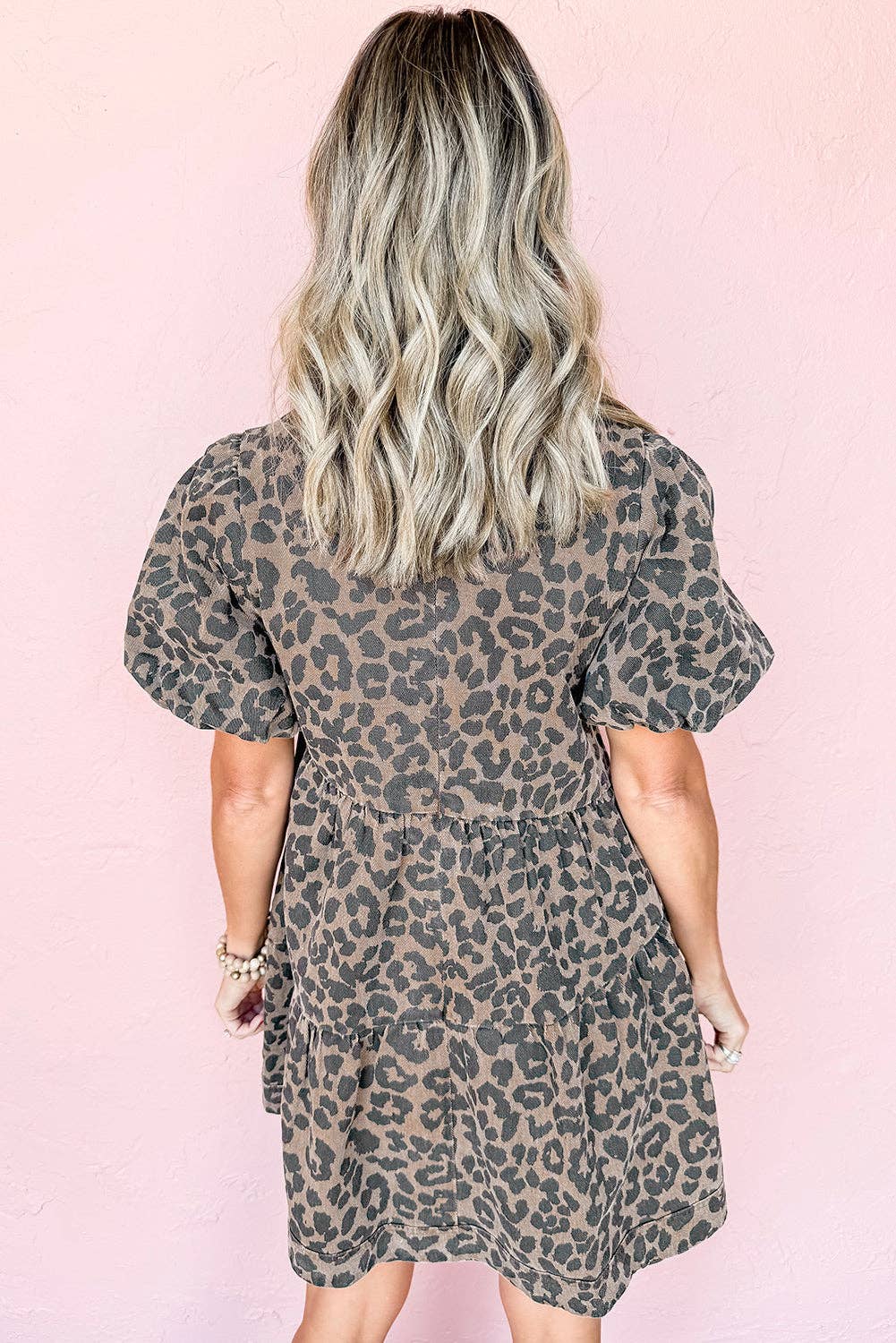 PREORDER - Denim Leopard Puff Sleeve Mini Dress in Brown