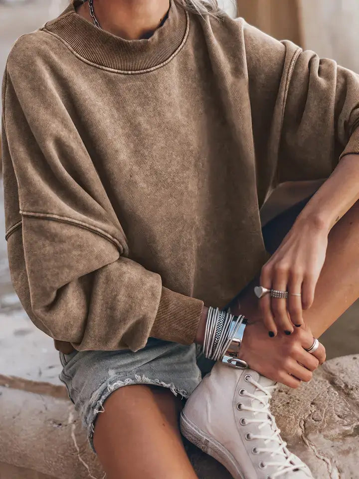 Drop Shoulder Crewneck Sweatshirt in Brown