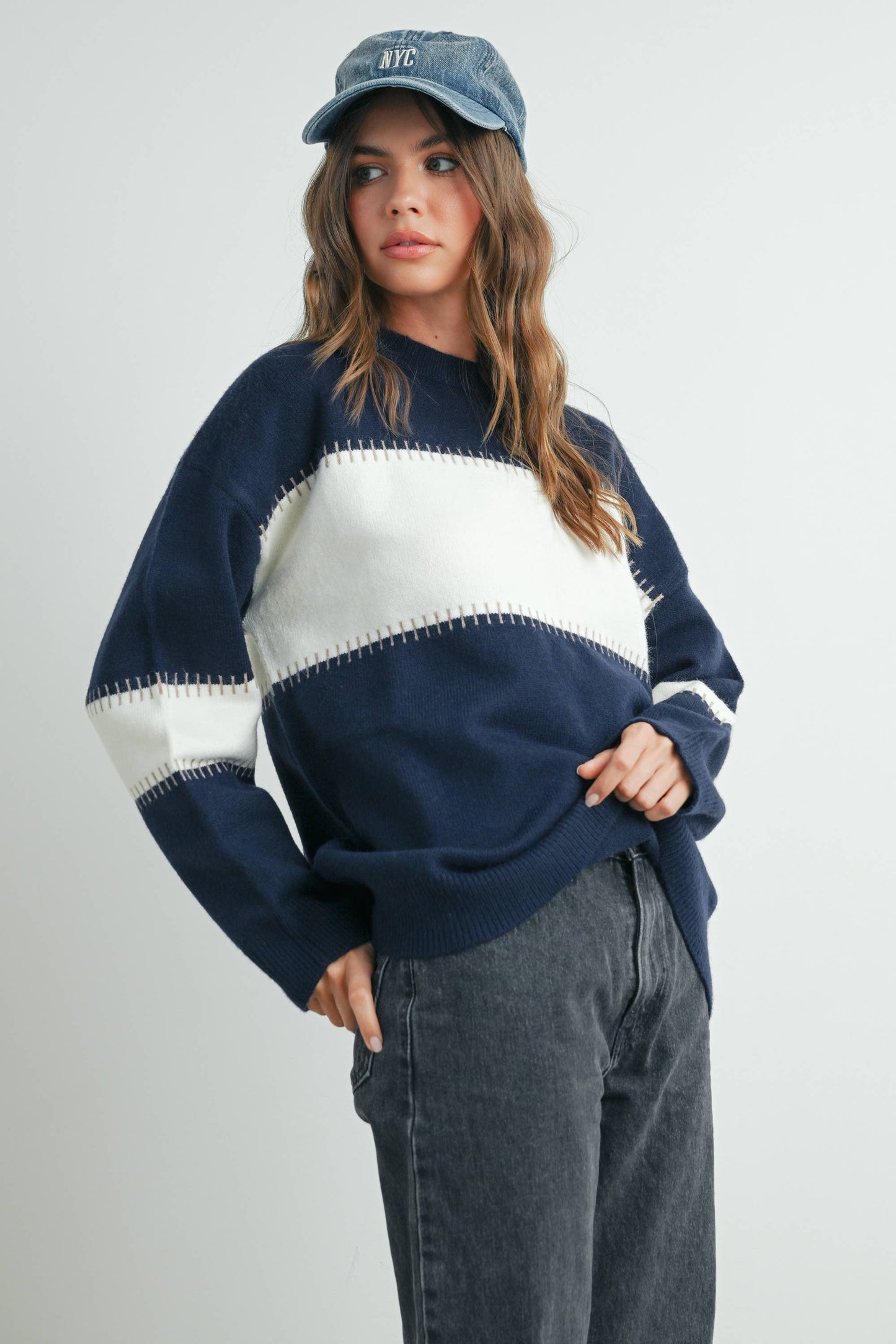 Colorblock Striped Sweater in Navy
