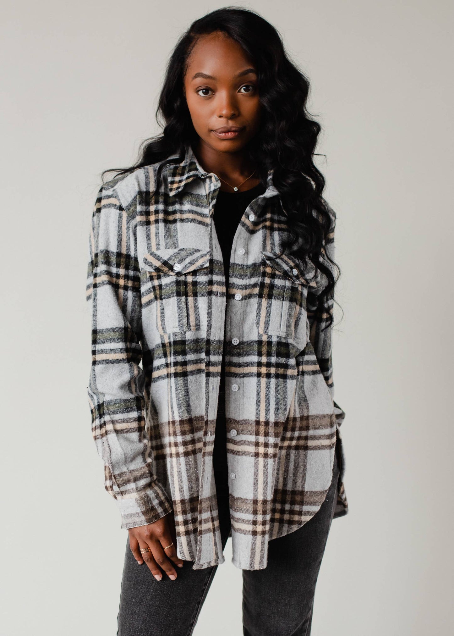 Gray, Tan & Olive Plaid Flannel