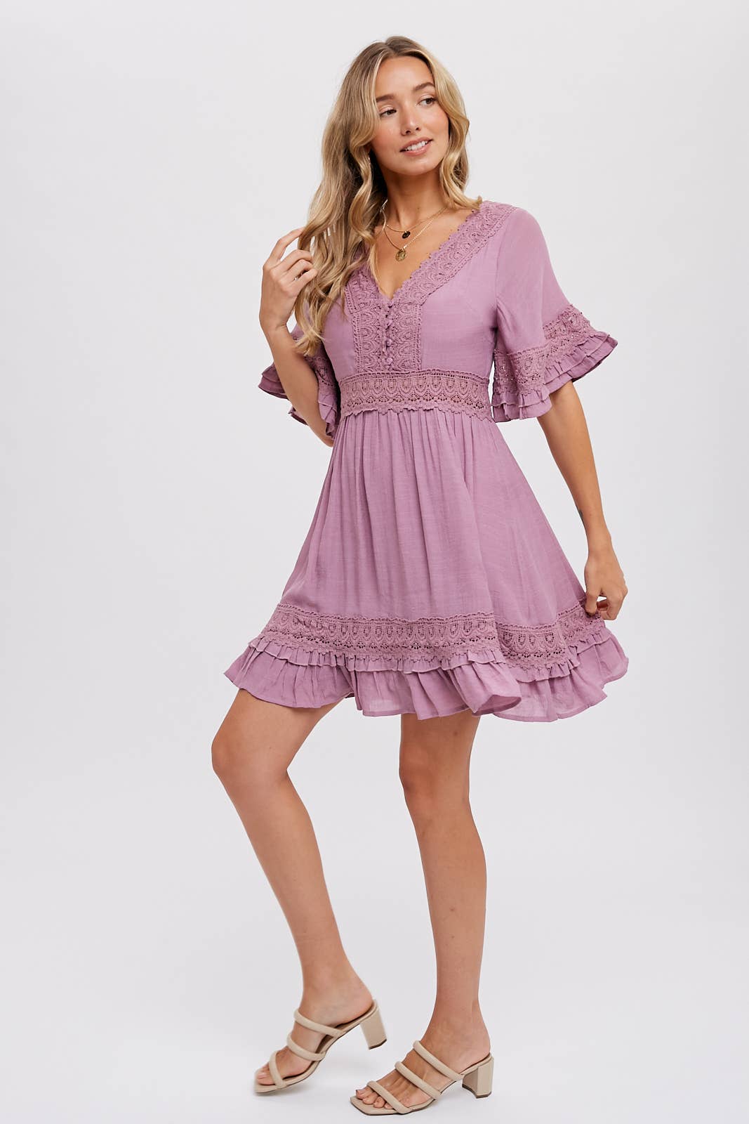 SMALL - V-Neck Lace Dress in Rose