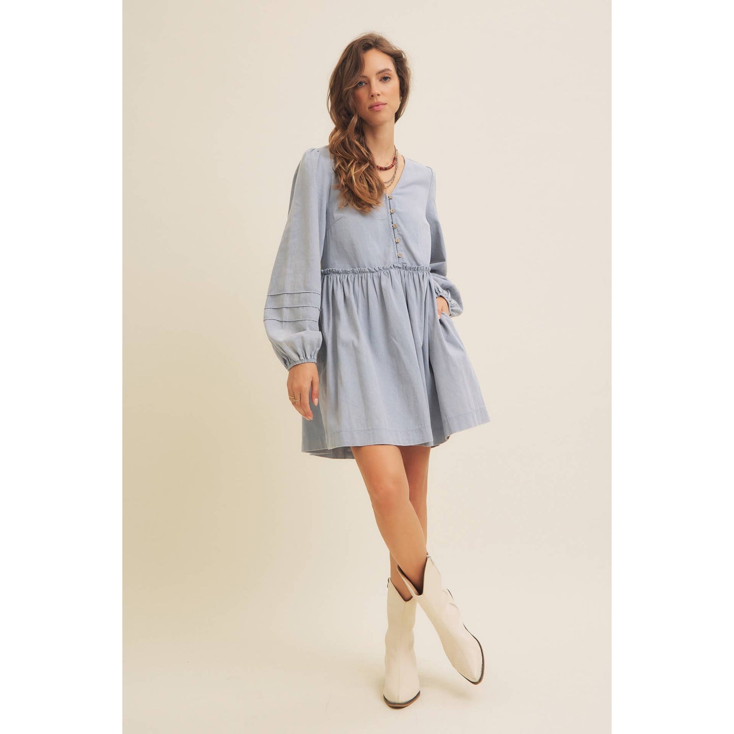 Button Down Mini Dress in Vintage Blue
