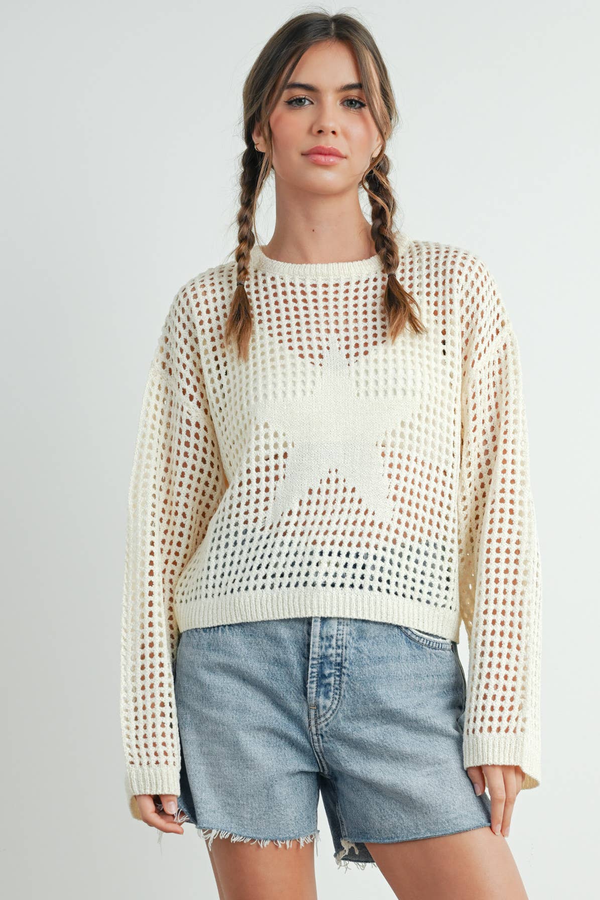 Crew Neck Crochet Sweater in Ivory