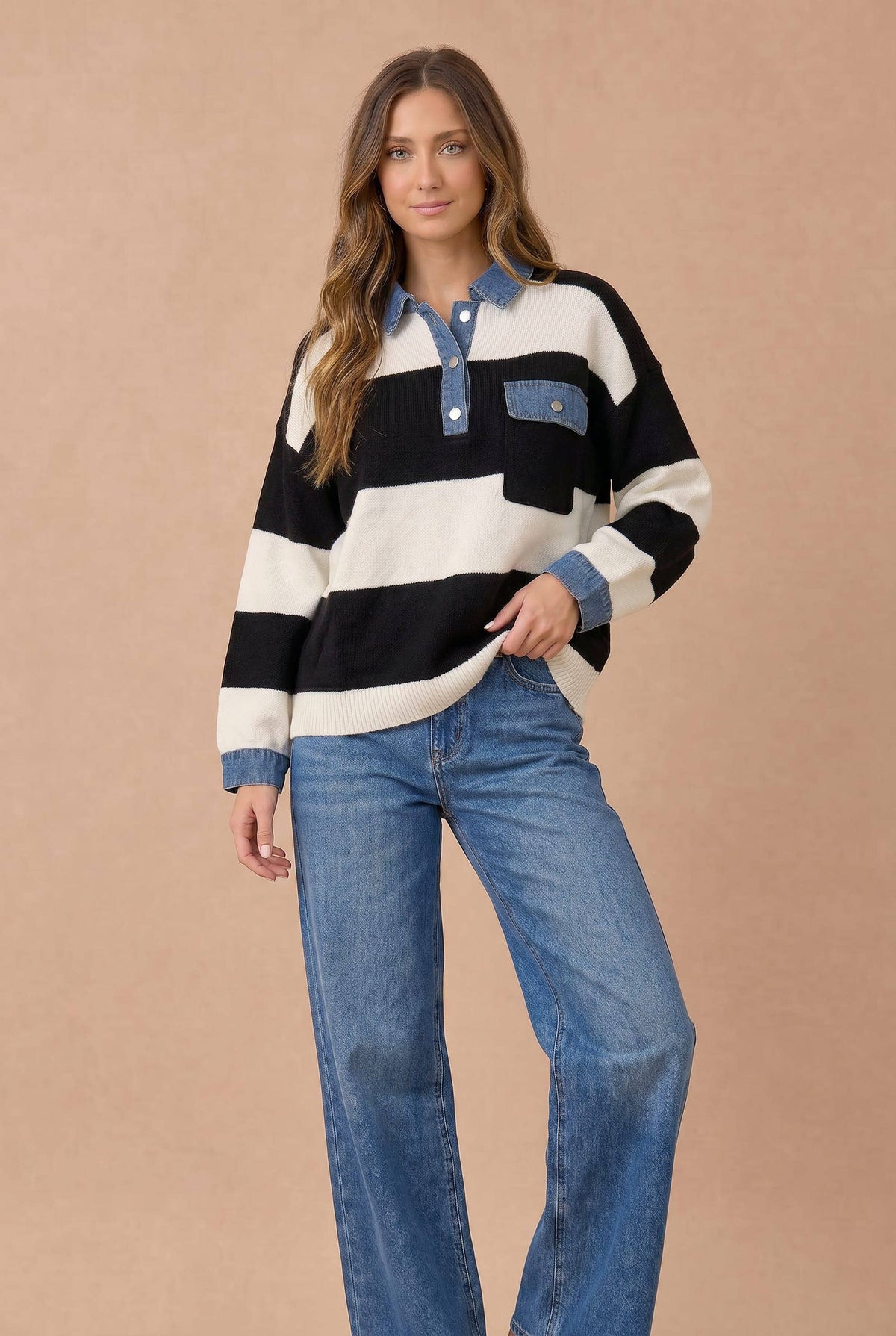 Striped Denim Collar Sweater in Black/Ivory