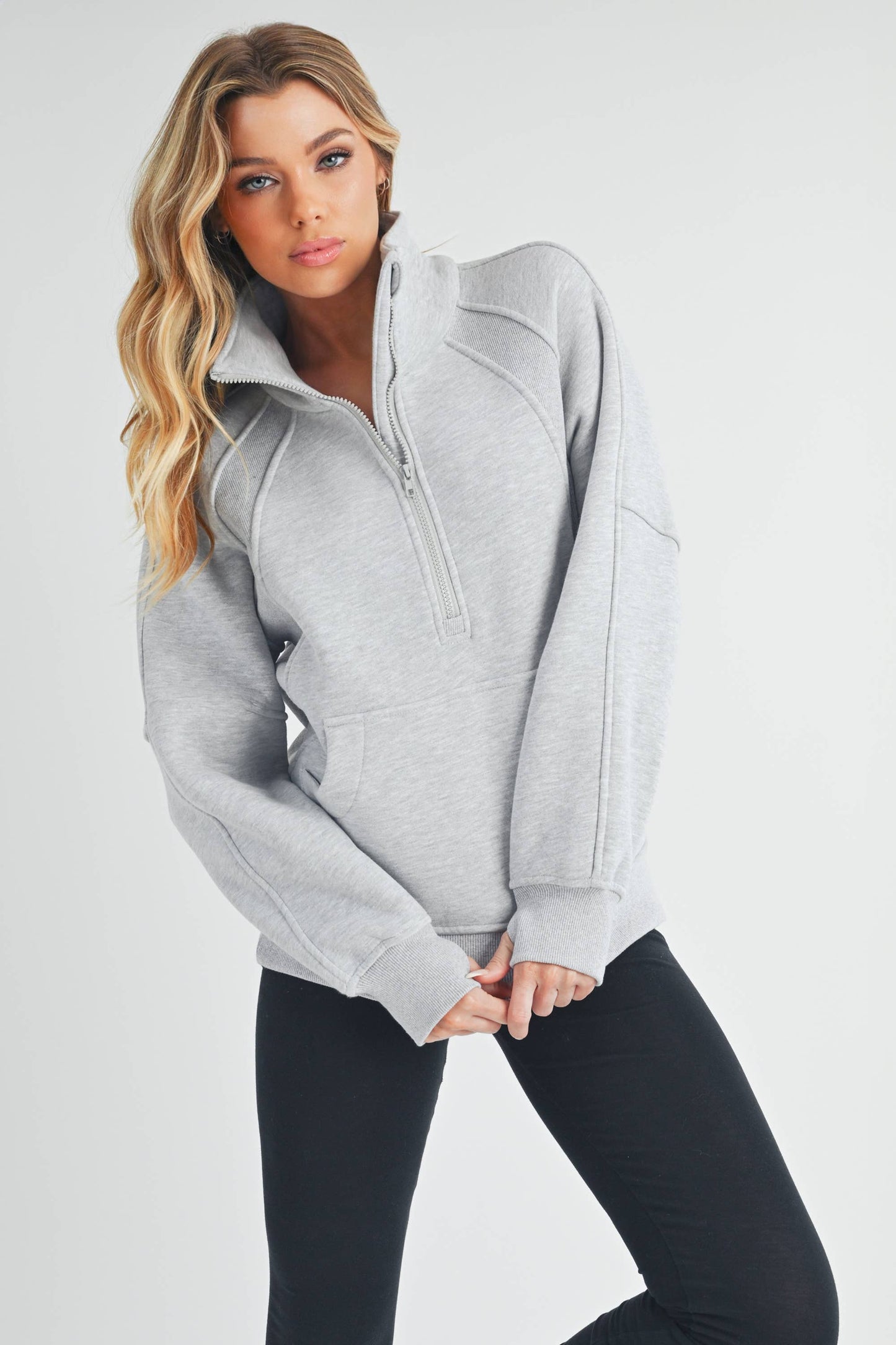 Funnel Neck Half Zip Pullover in Heather Grey