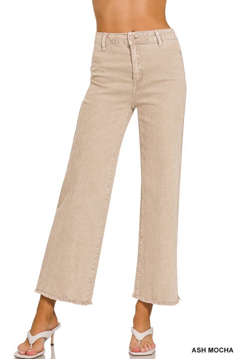 Acid Washed Frayed Straight Wide Denim in Ash Mocha