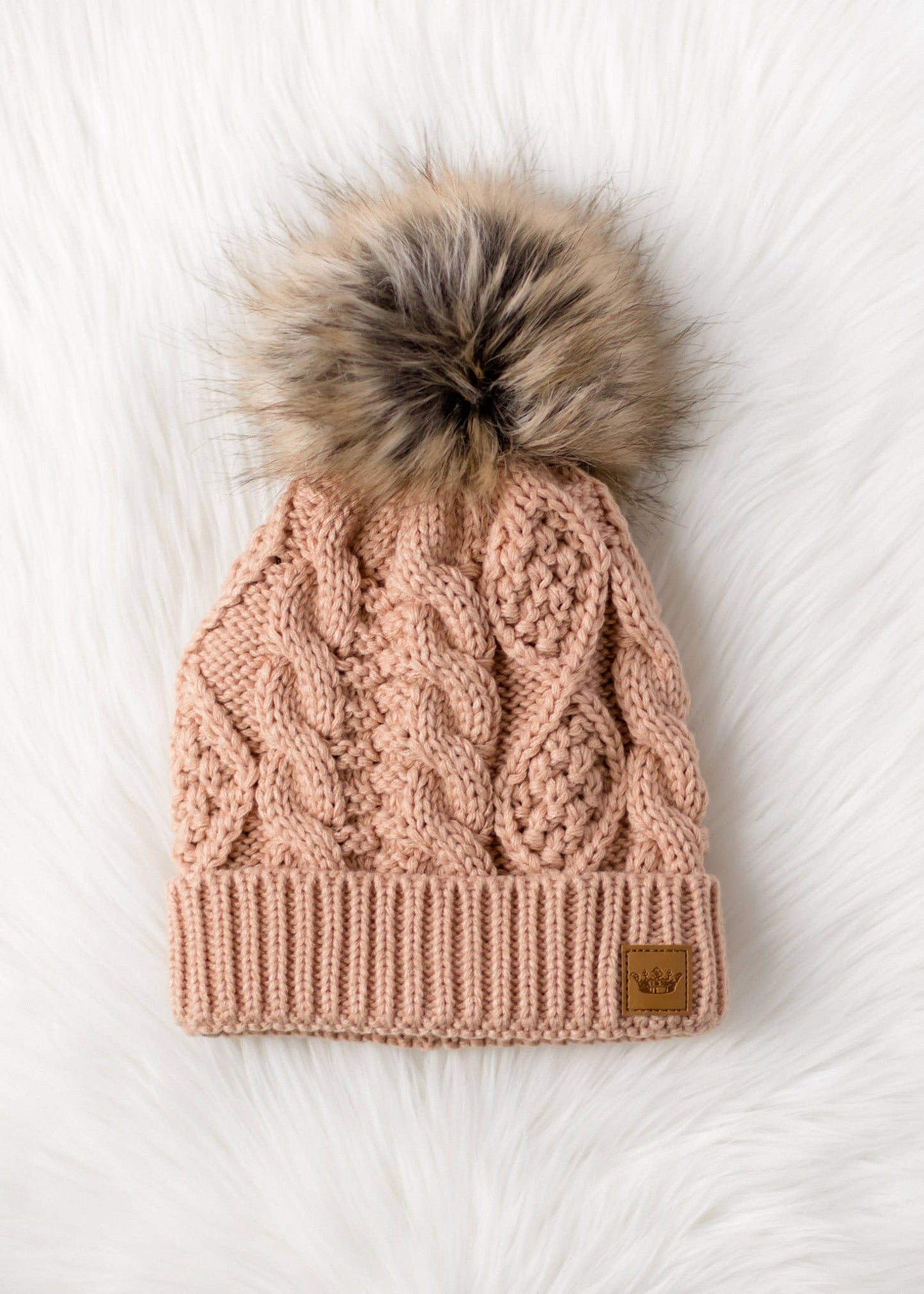 Peach Fuzz Cable Knit Pom Hat