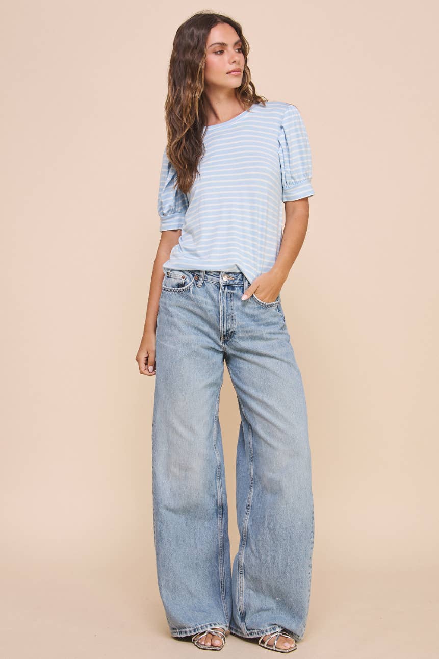 Puff Sleeve Top in Blue Ivory