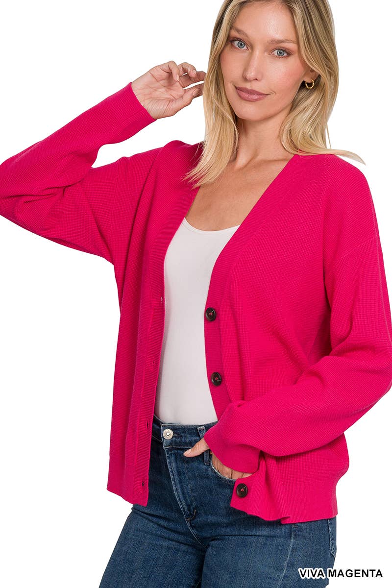 Drop Shoulder Button Cardigan in Magenta