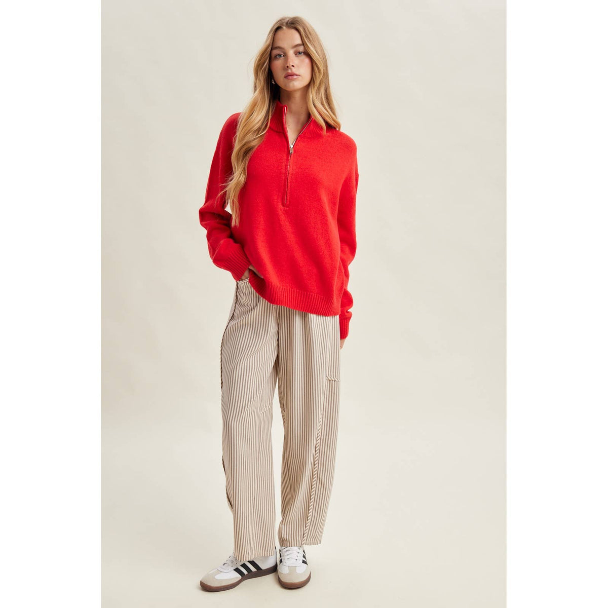 Striped Wide Leg Drawstring Pants in Cream/Brown