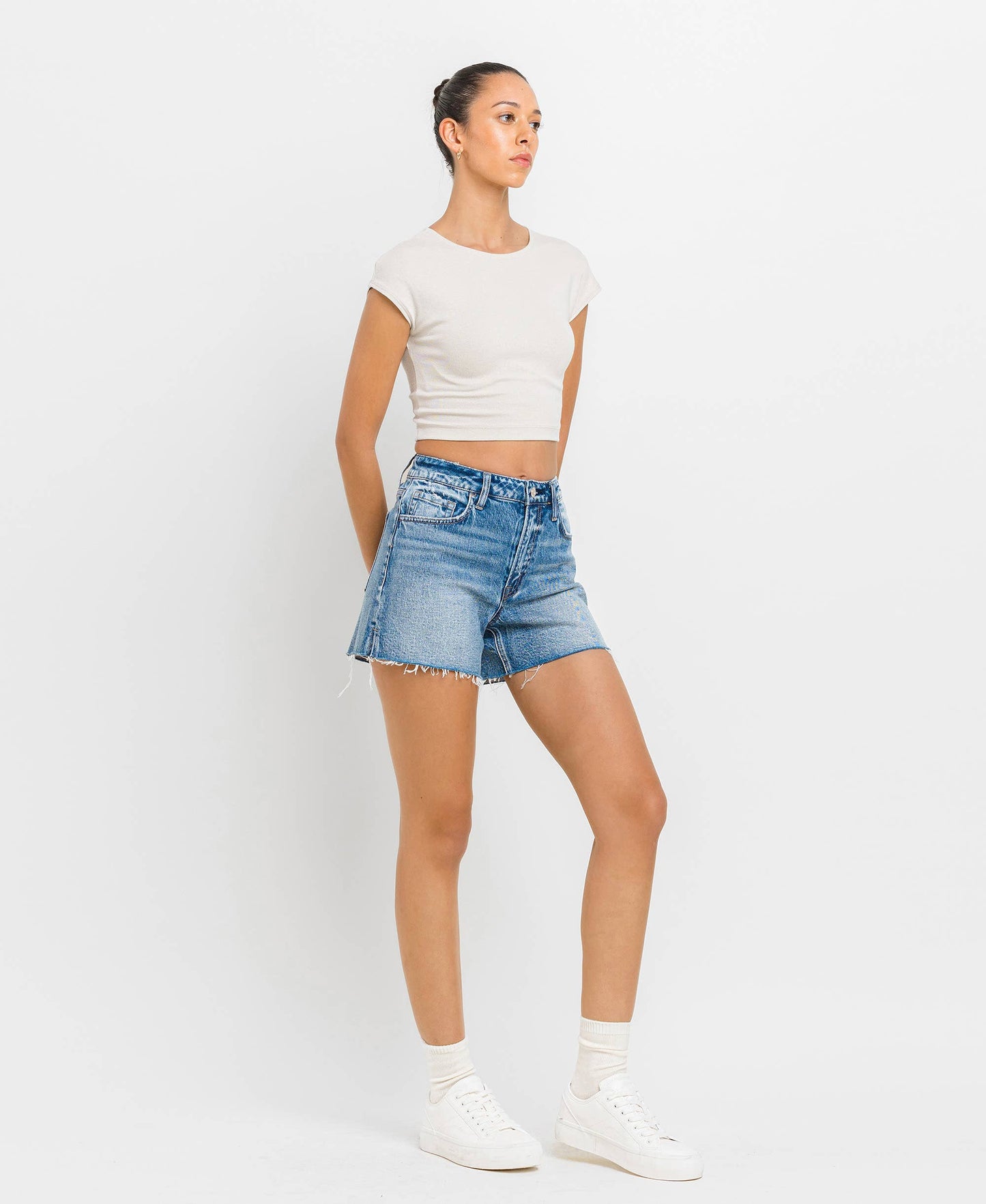 High Rise A Line Denim Shorts