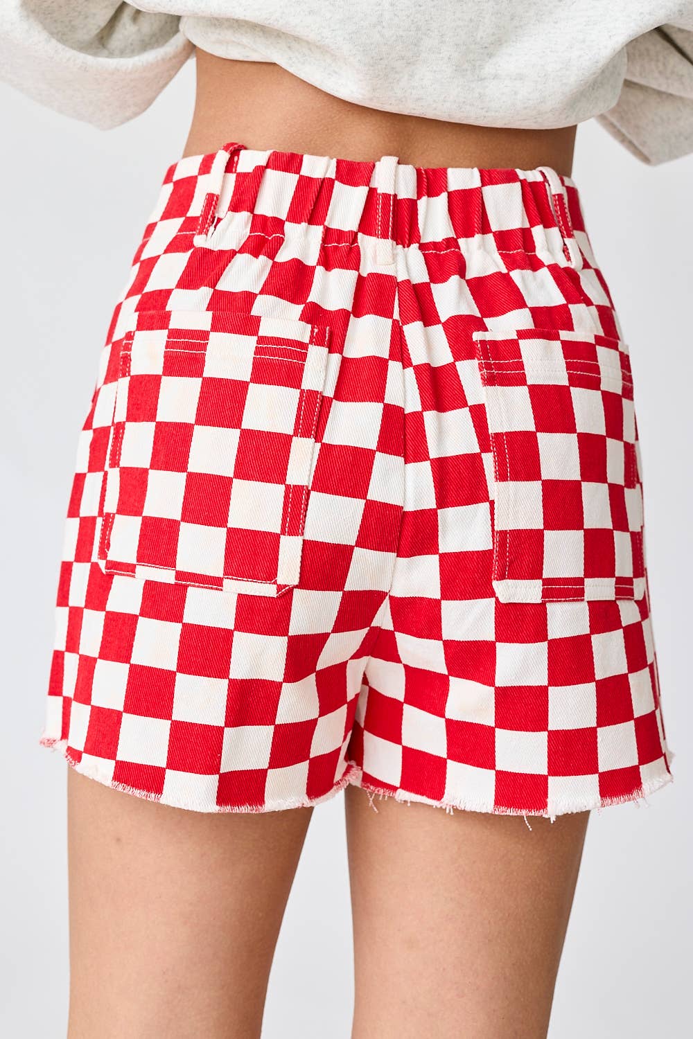Checkered Denim Shorts in Red