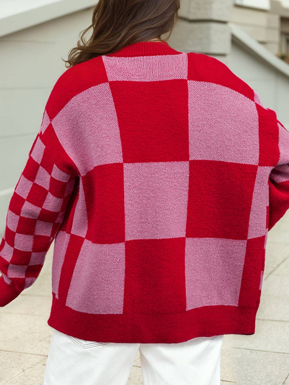 Checkered Cardigan in Pink/Red