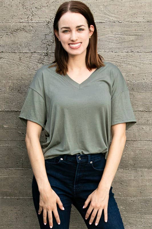 V Neck Soft Touched Basic Tee in Olive
