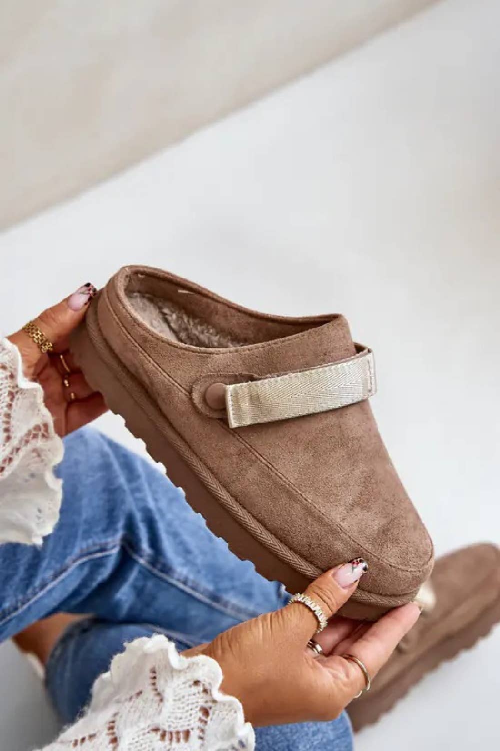 SIZE 6(37) - Faux Fur Lined Slip On Mules in Khaki