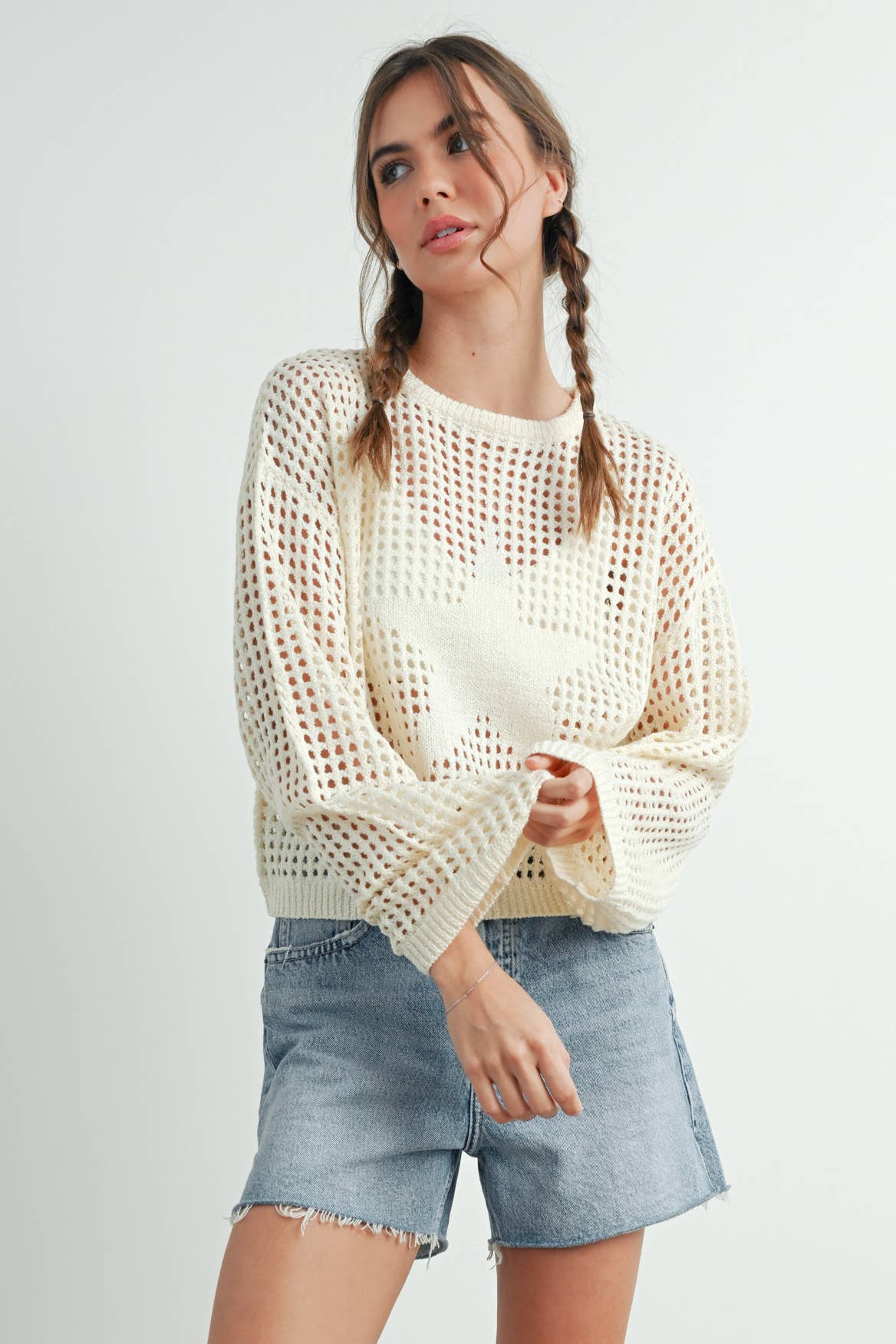 Crew Neck Crochet Sweater in Ivory