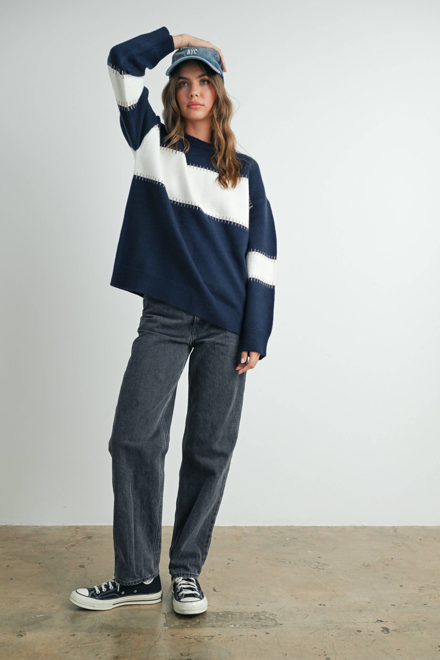 Colorblock Striped Sweater in Navy
