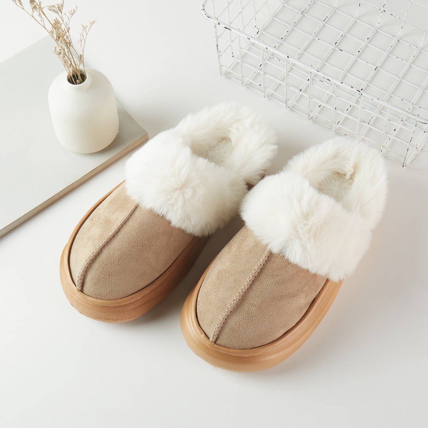 Faux Fur Slippers in Taupe