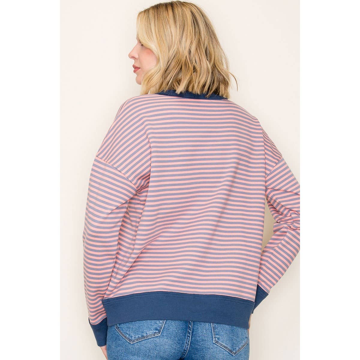 French Terry Striped Sweatshirt in Pink/Charcoal