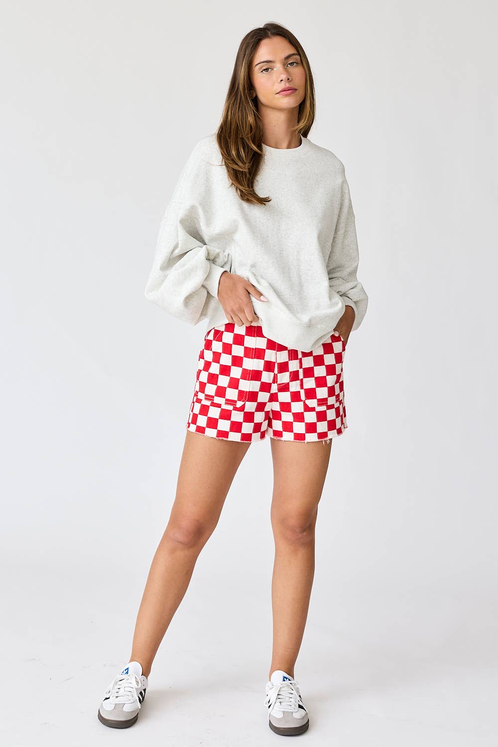 Checkered Denim Shorts in Red