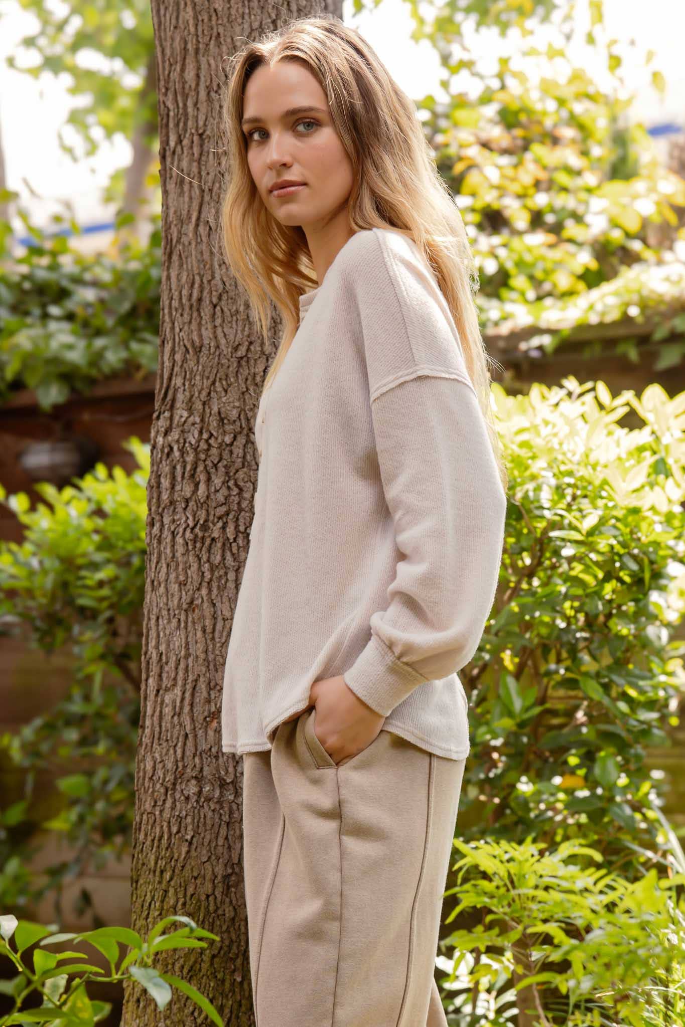V Neck Long Sleeve in Oatmeal