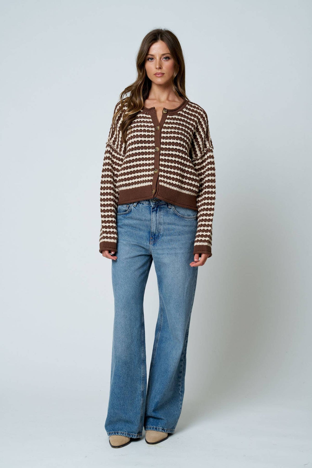 Textured Crochet Button Cardigan in Brown
