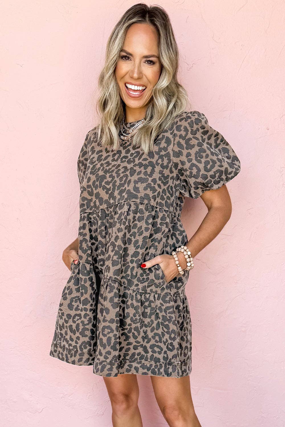 PREORDER - Denim Leopard Puff Sleeve Mini Dress in Brown