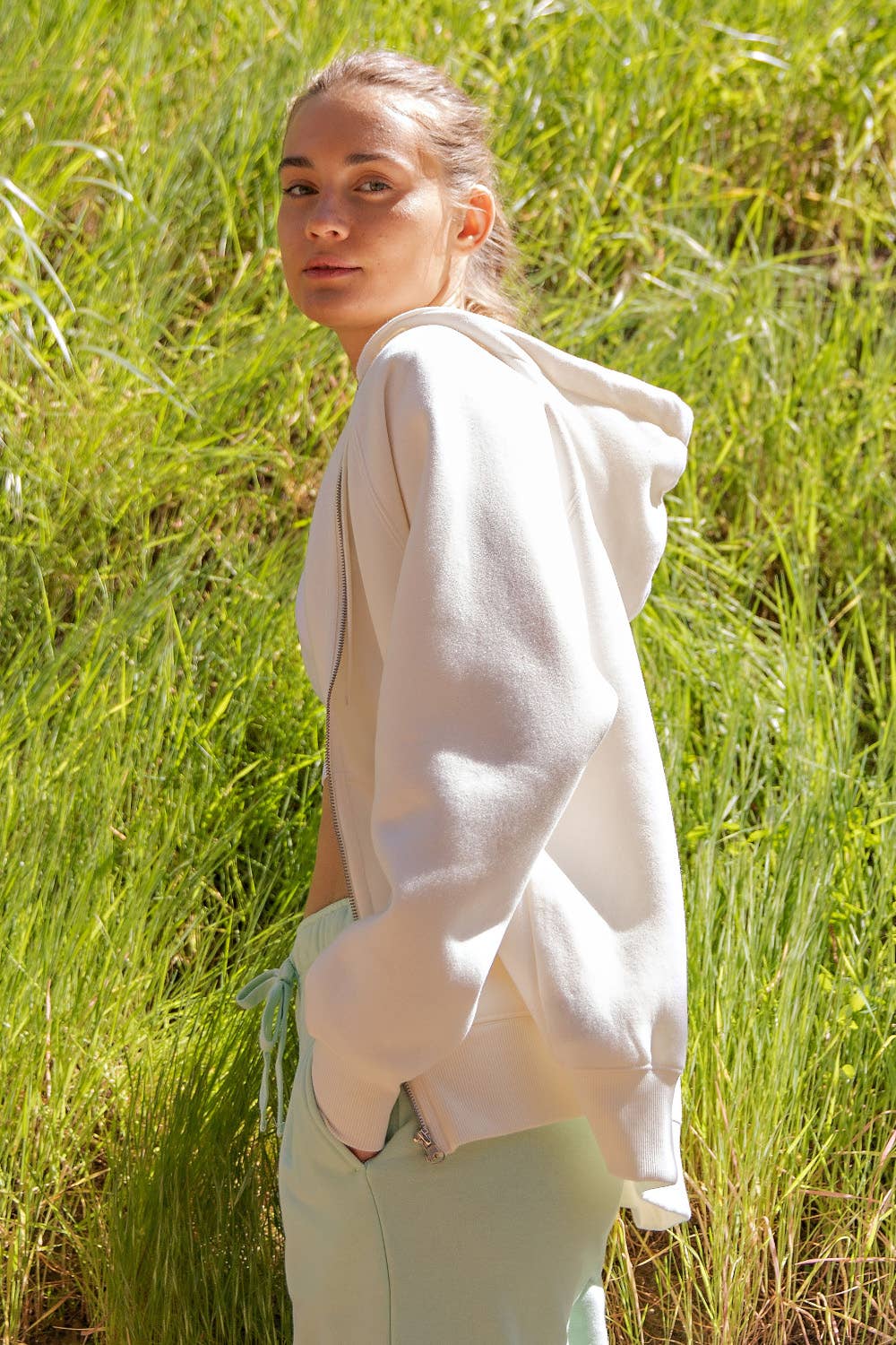 French Terry Fleece Zip Hoodie in Ivory