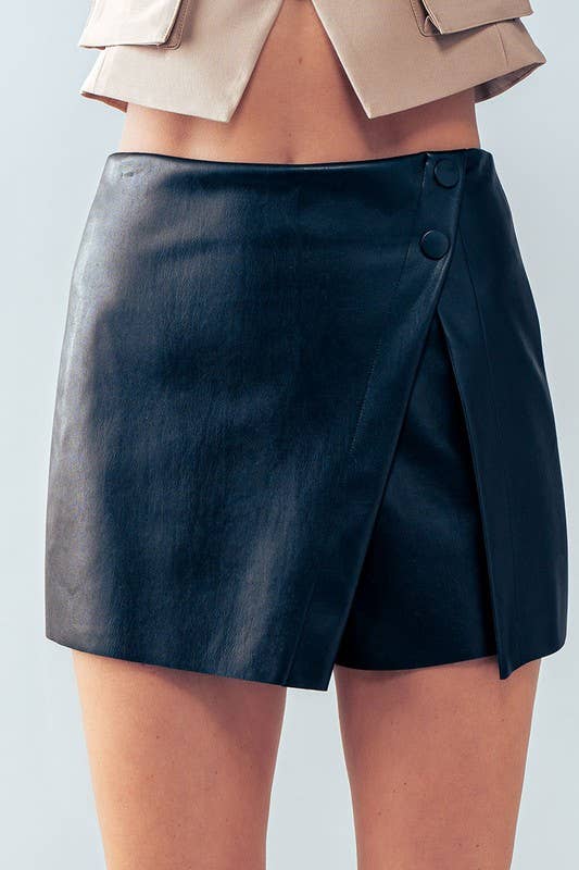 Wrap Hem Leather Skort in Black