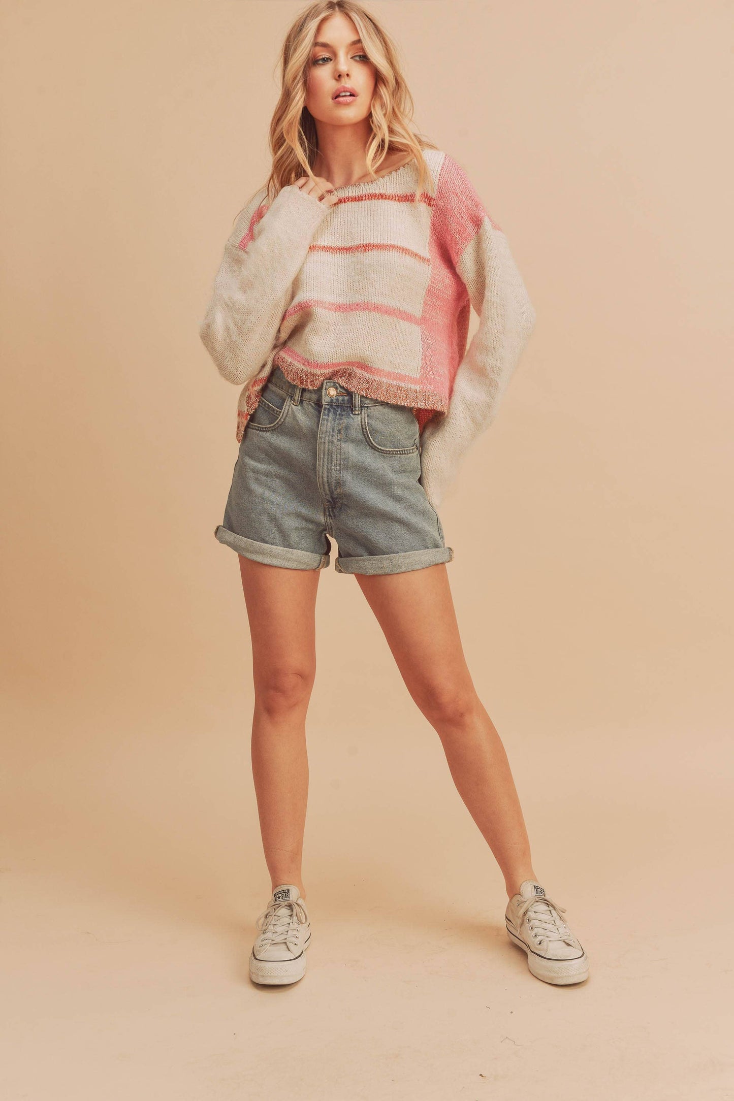 Mona Knit Stripe Pullover Sweater in White/Pink