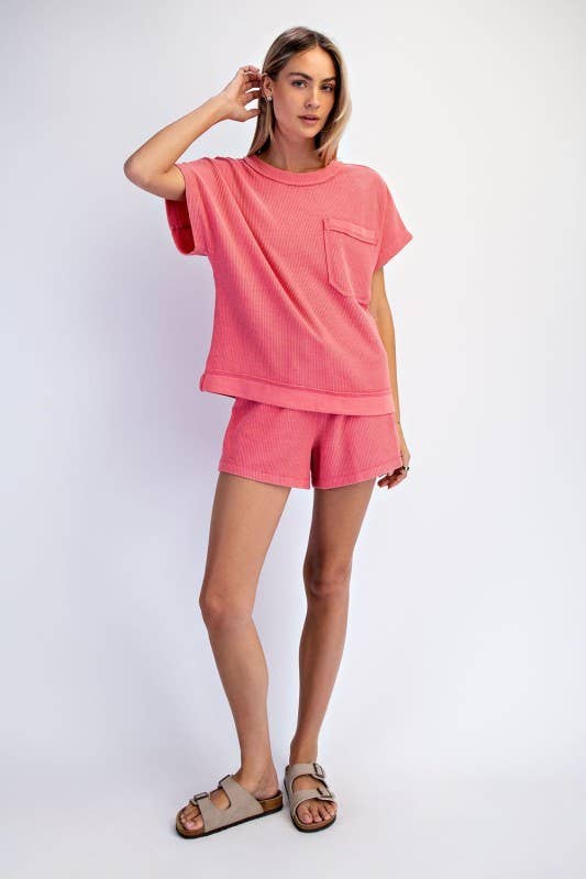 Oversized Mineral Wash Honeycomb Tee in Strawberry