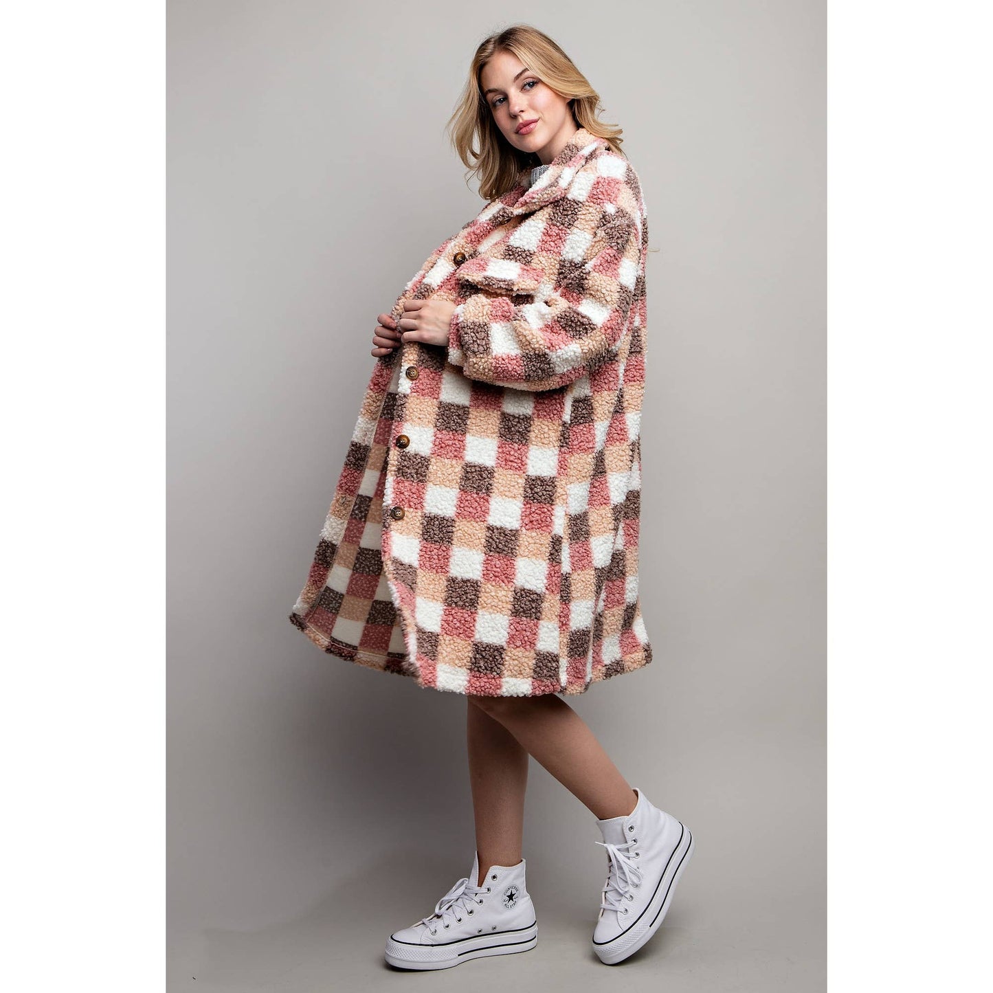 Long Plaid Teddy Oversize Jacket in Pink