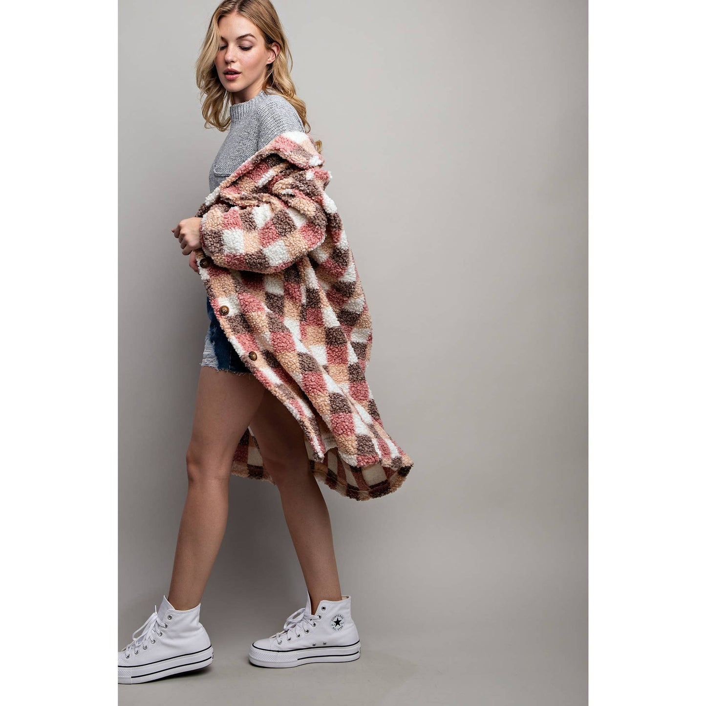 Long Plaid Teddy Oversize Jacket in Pink