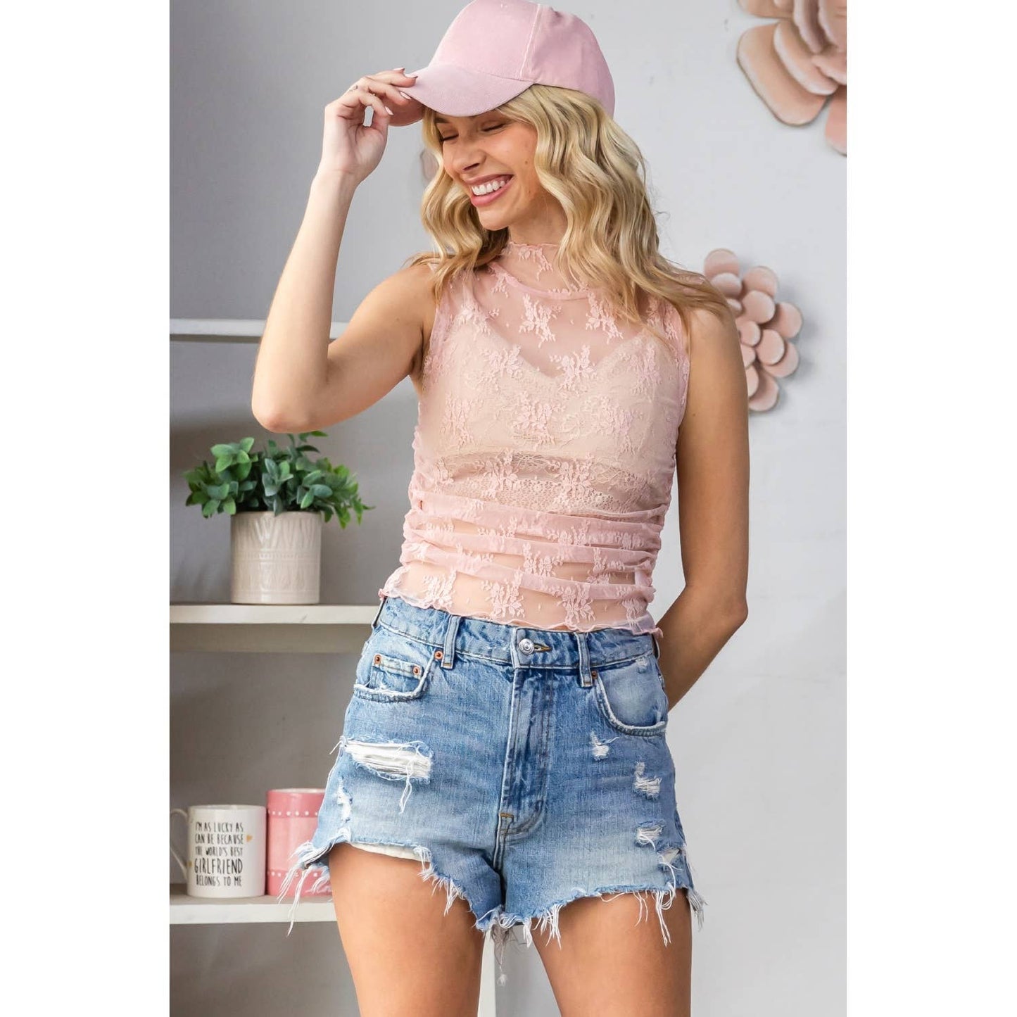 Sleeveless Lace Sheer Top in Pink