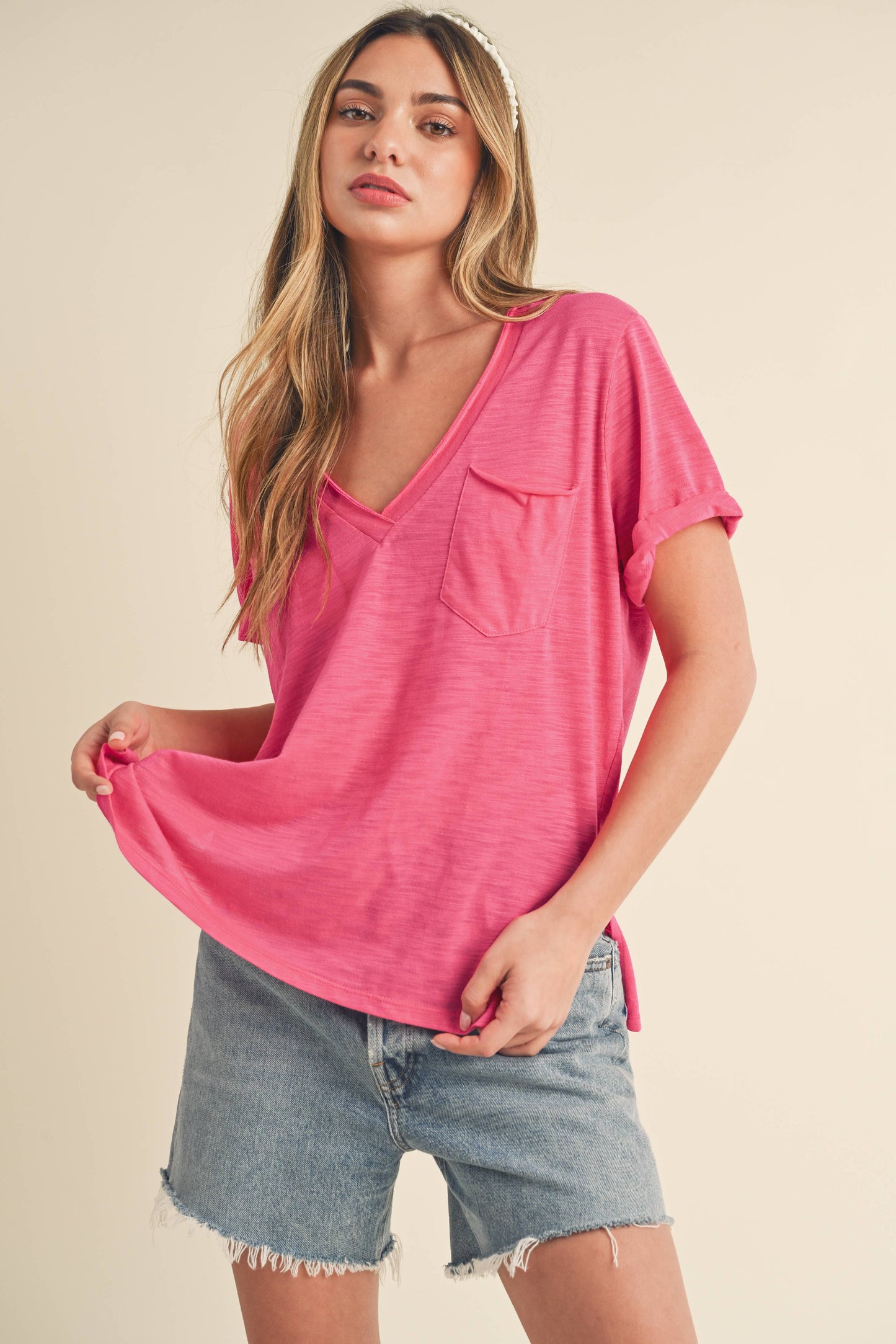 SMALL - Short Sleeve V Neck in Pink