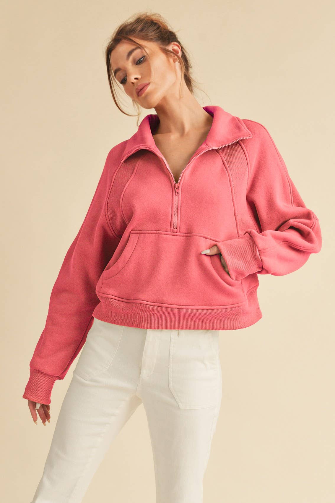 Funnel Neck Half Zip Pullover in Berry