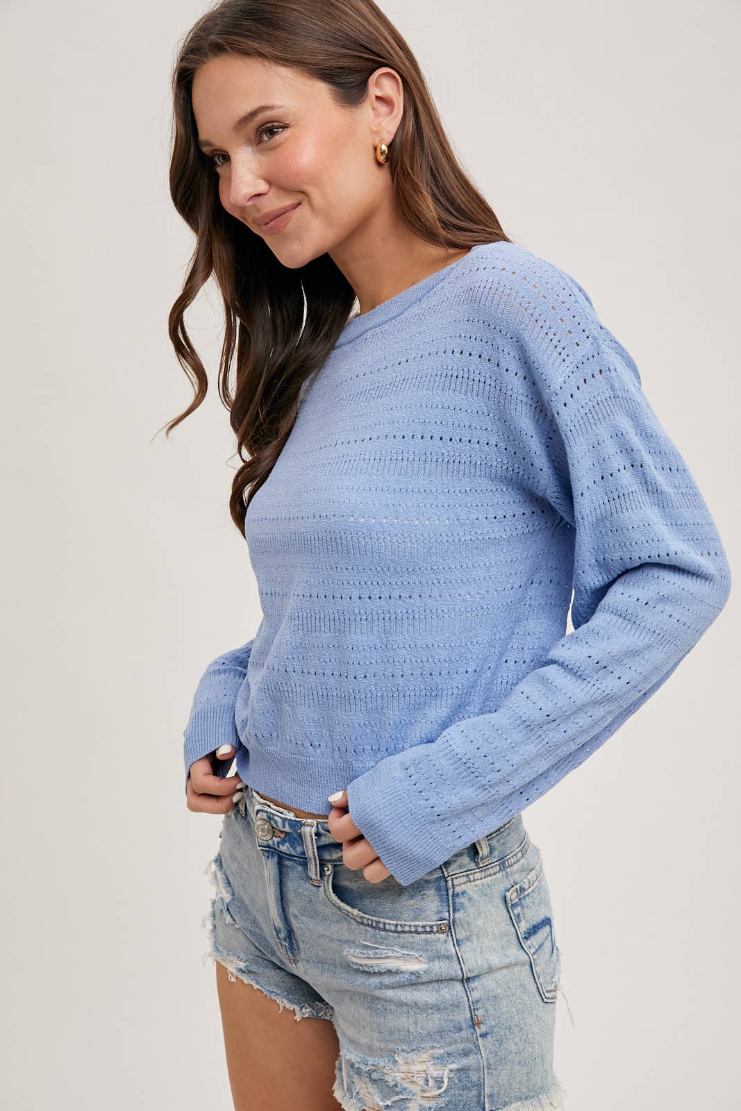 Open Knit Pullover Top in French Blue