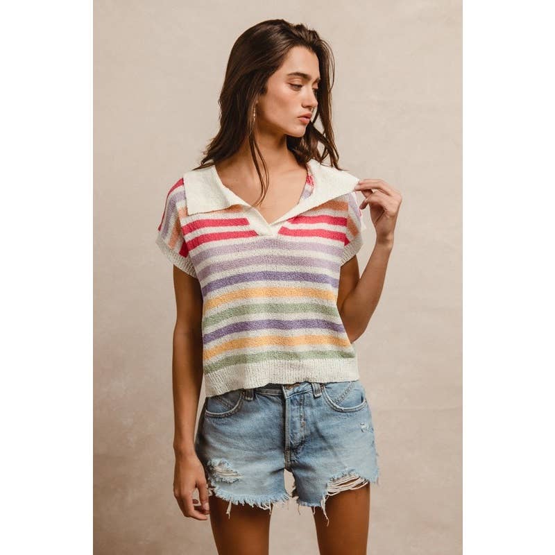 Multi-Striped Short Sleeve Top