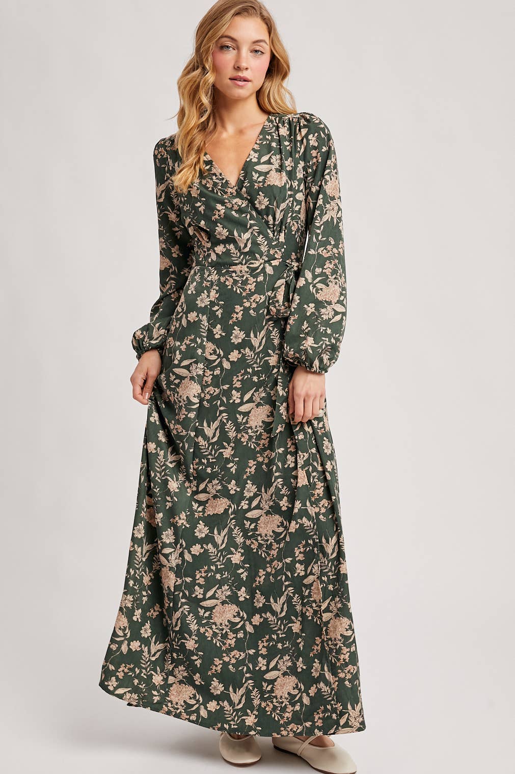 Floral Wrap Maxi Dress in Hunter Green