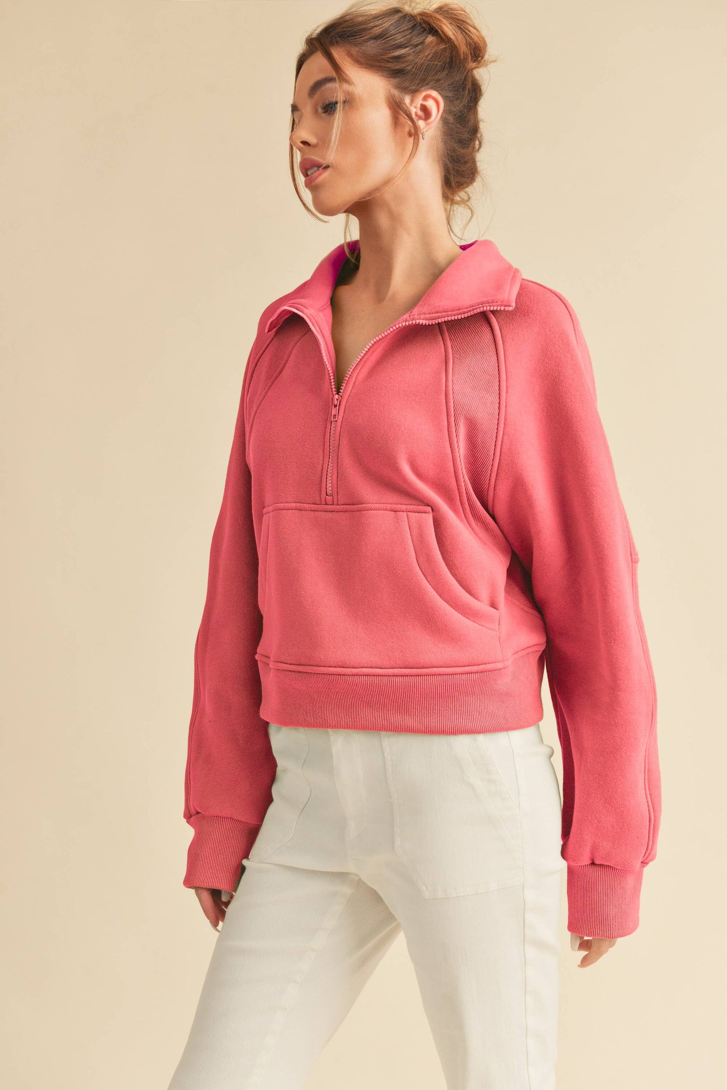 Funnel Neck Half Zip Pullover in Berry
