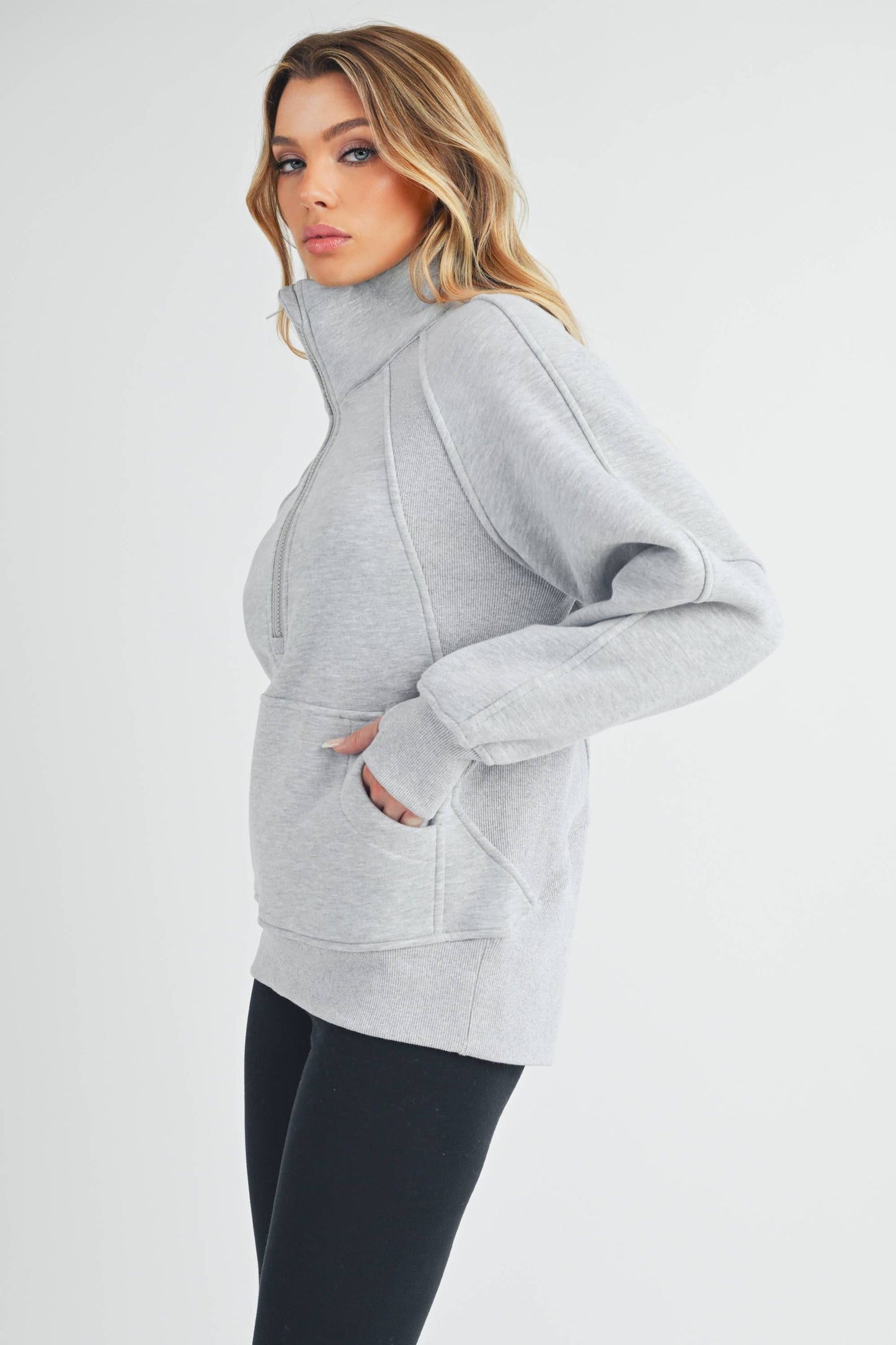 Funnel Neck Half Zip Pullover in Heather Grey