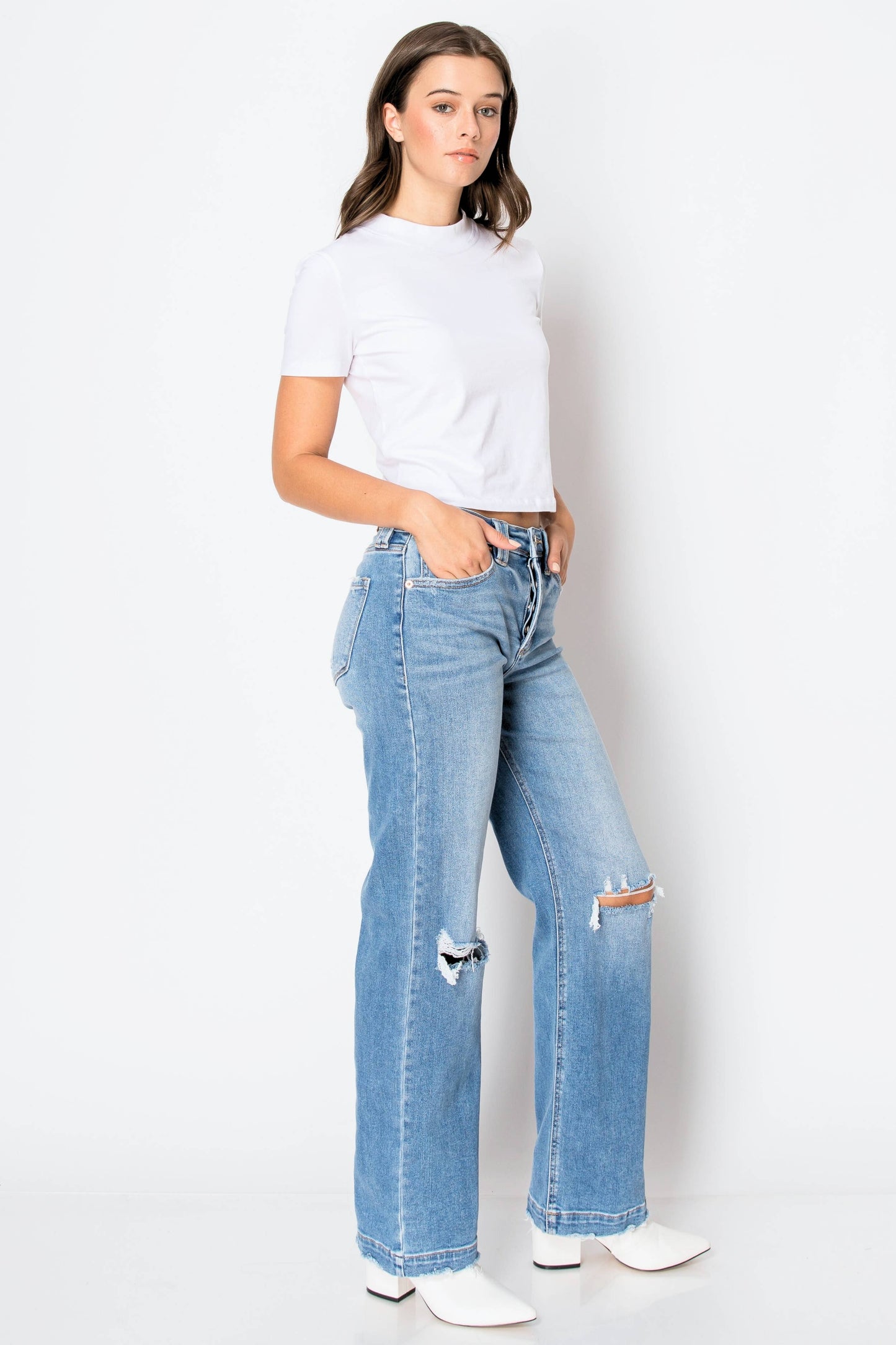 Tummy Control High Rise Relaxed Straight Denim in Medium Wash