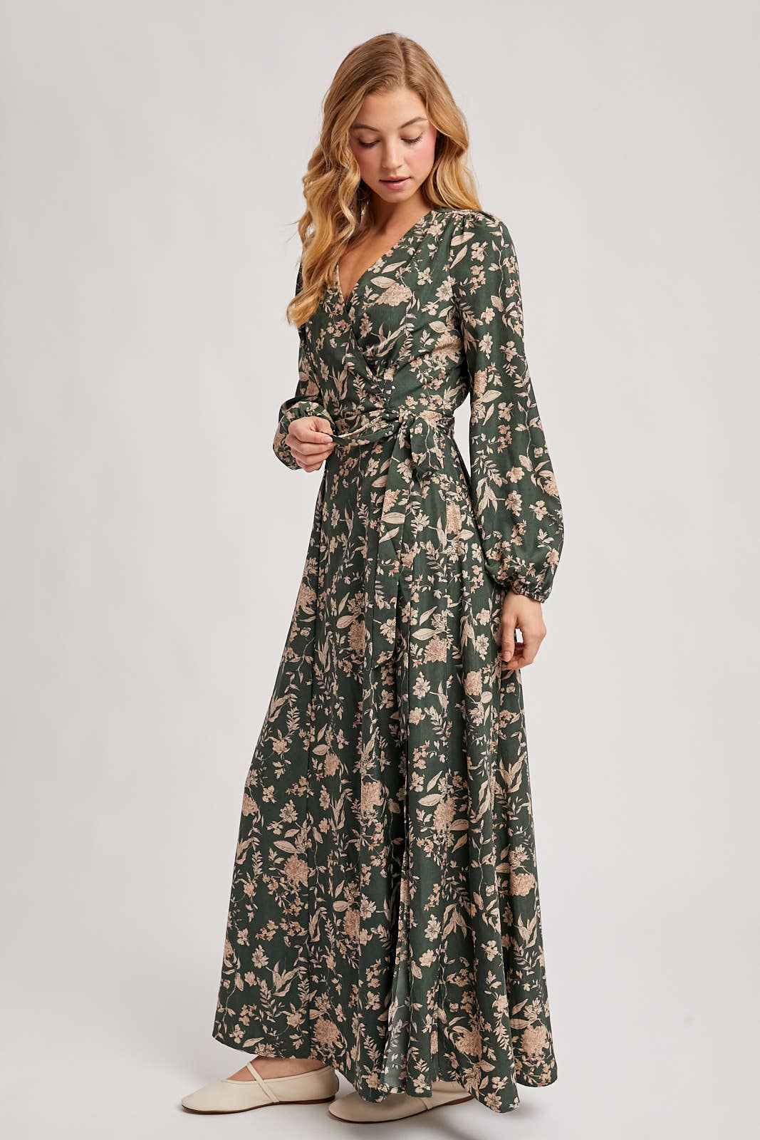 Floral Wrap Maxi Dress in Hunter Green