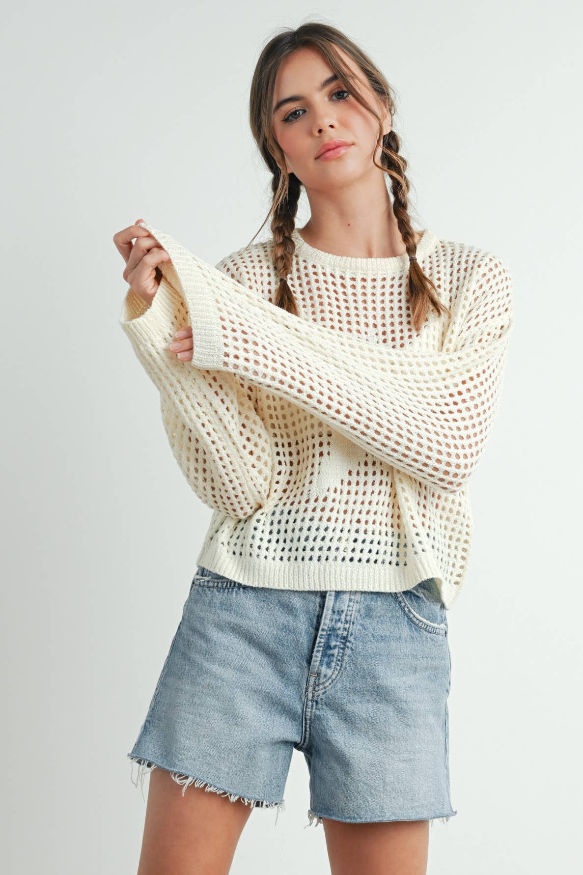 Crew Neck Crochet Sweater in Ivory