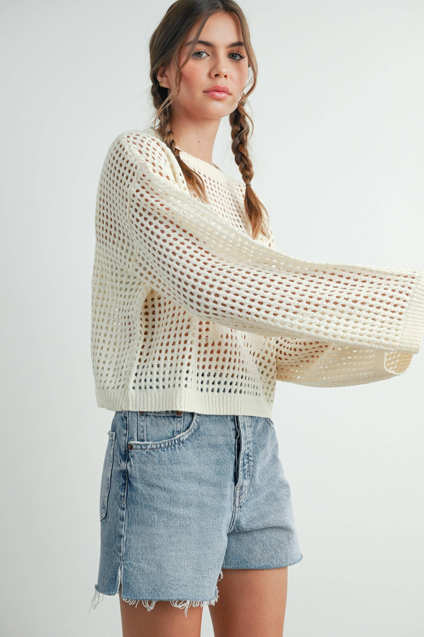 Crew Neck Crochet Sweater in Ivory