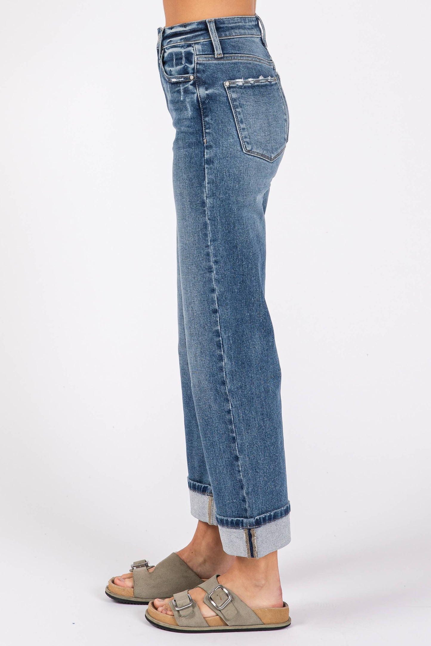 High Rise Stretch Relaxed Straight Denim w/ Cuffed Hem