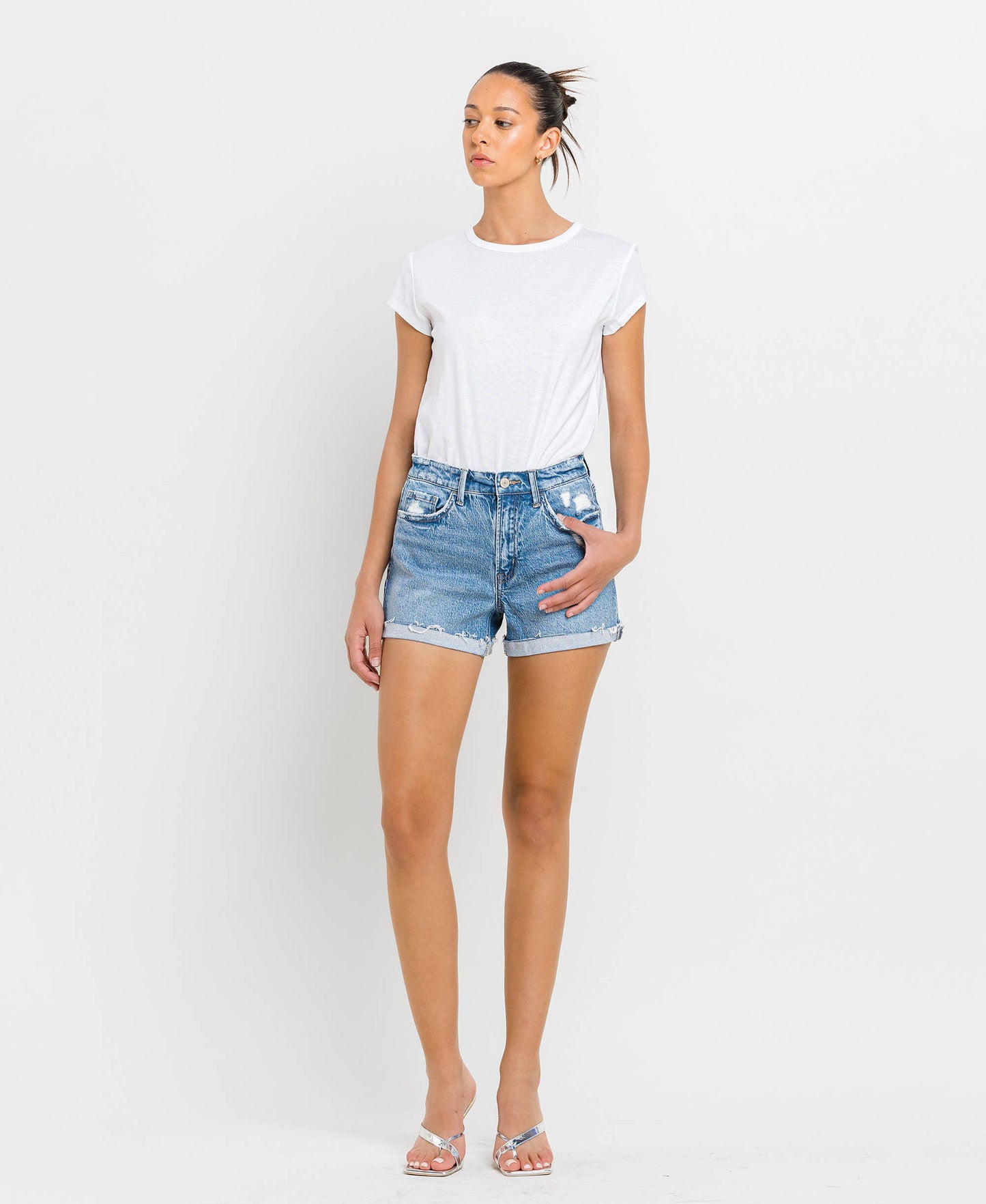 High Rise Cuffed A Line Denim Shorts