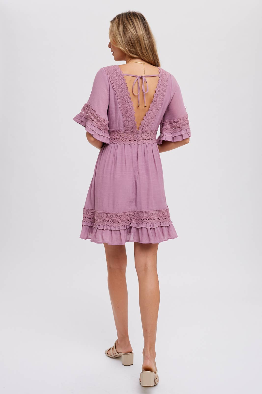 SMALL - V-Neck Lace Dress in Rose