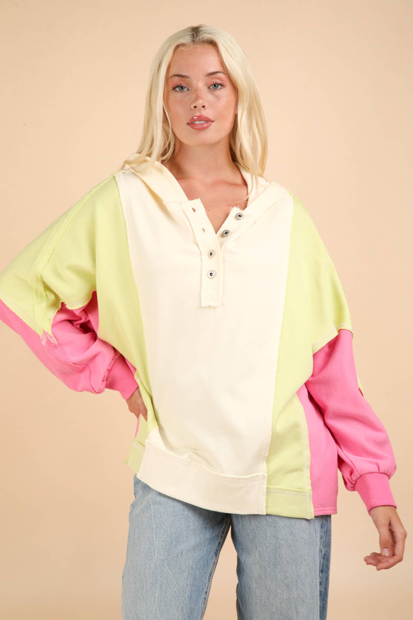 Colorblock Dolman Hoodie in Ivory