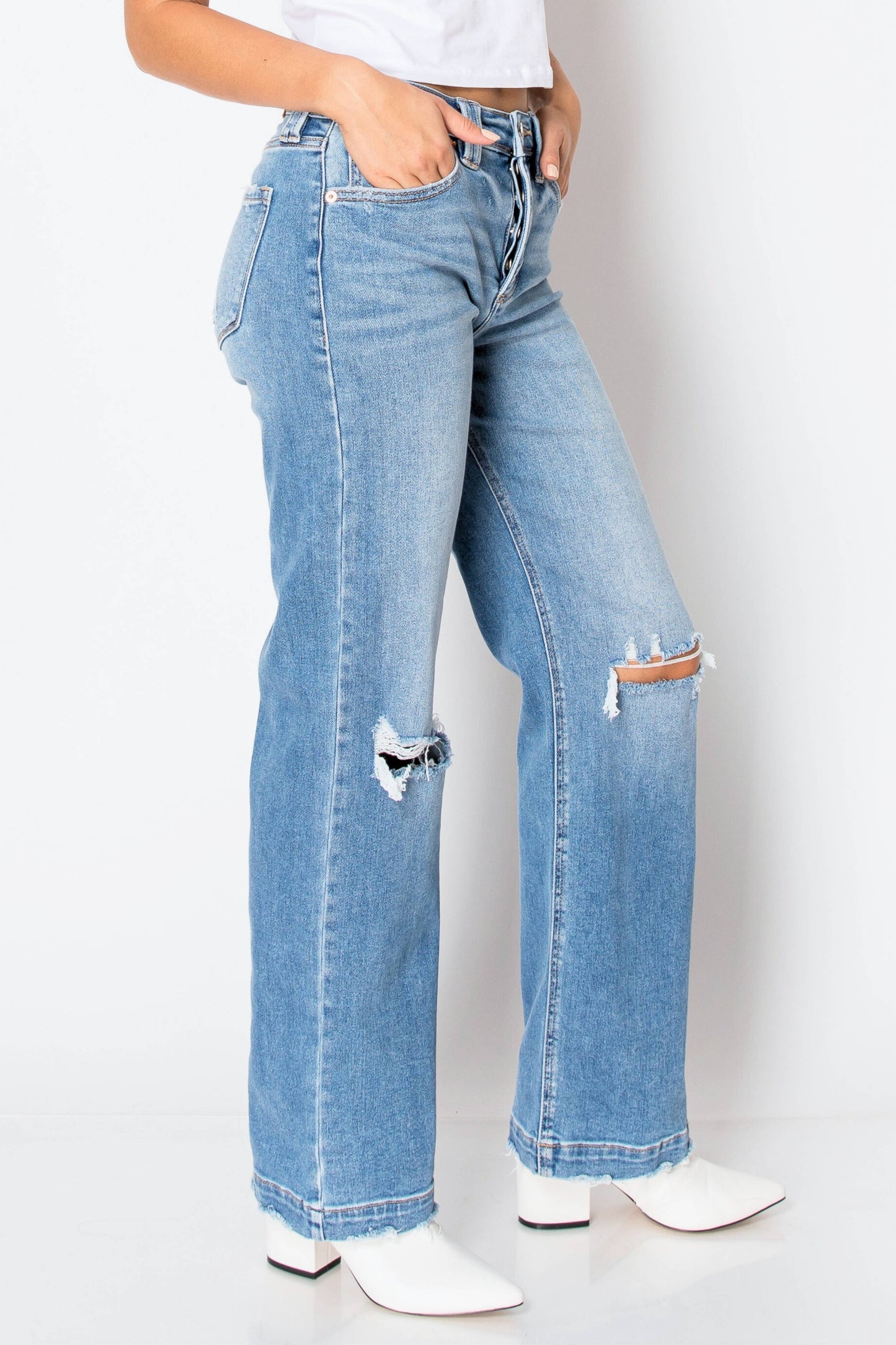 Tummy Control High Rise Relaxed Straight Denim in Medium Wash